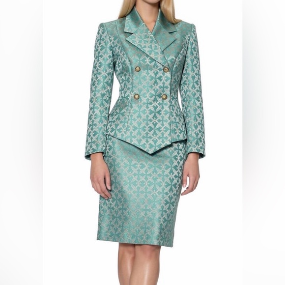 Vintage Dresses & Skirts - Vintage 80s/90s B. LOUISE Mint Green Brocade Skirt Suit Set